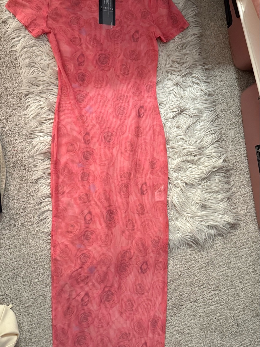 Mesh Rose-Print Maxi Dress - Coral Pink - Lioness